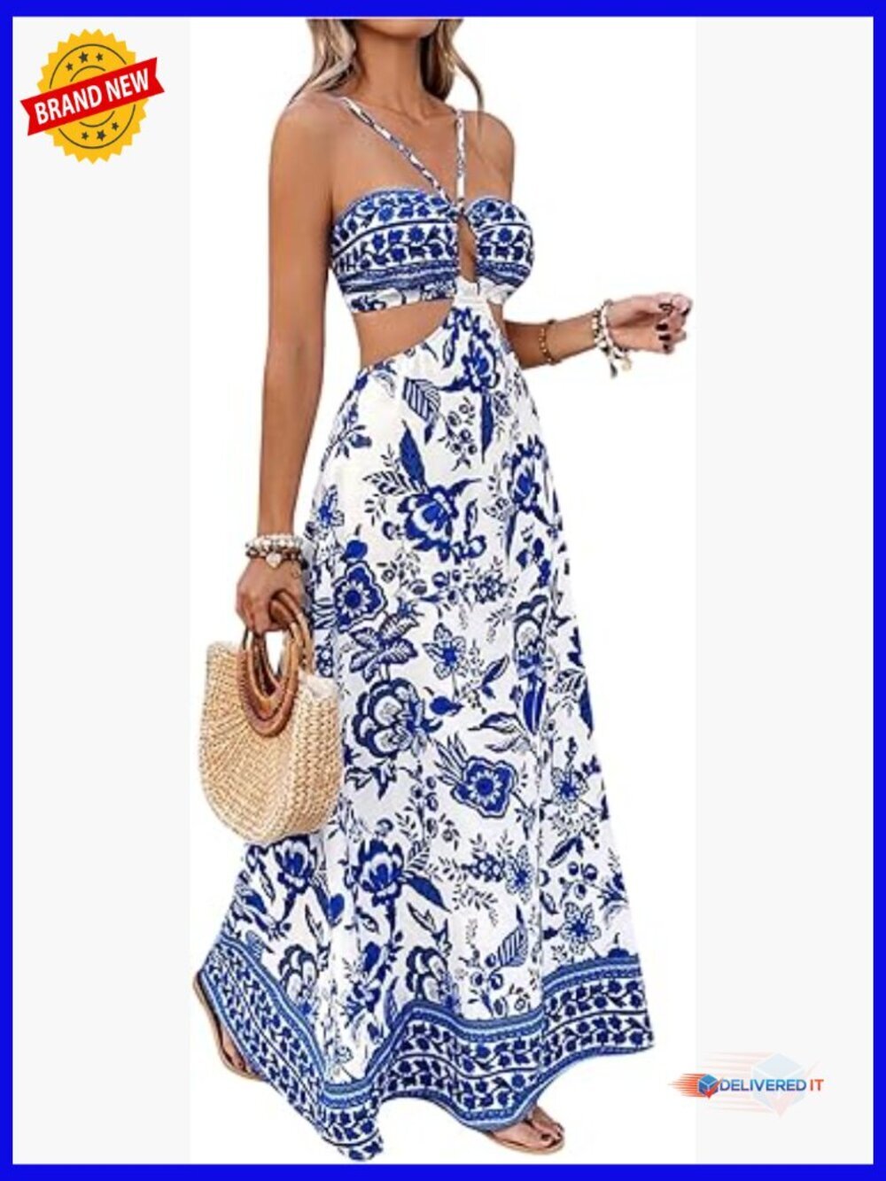 Boho Halter Maxi Dress with Cut Out Backless Design Flowy Sundress